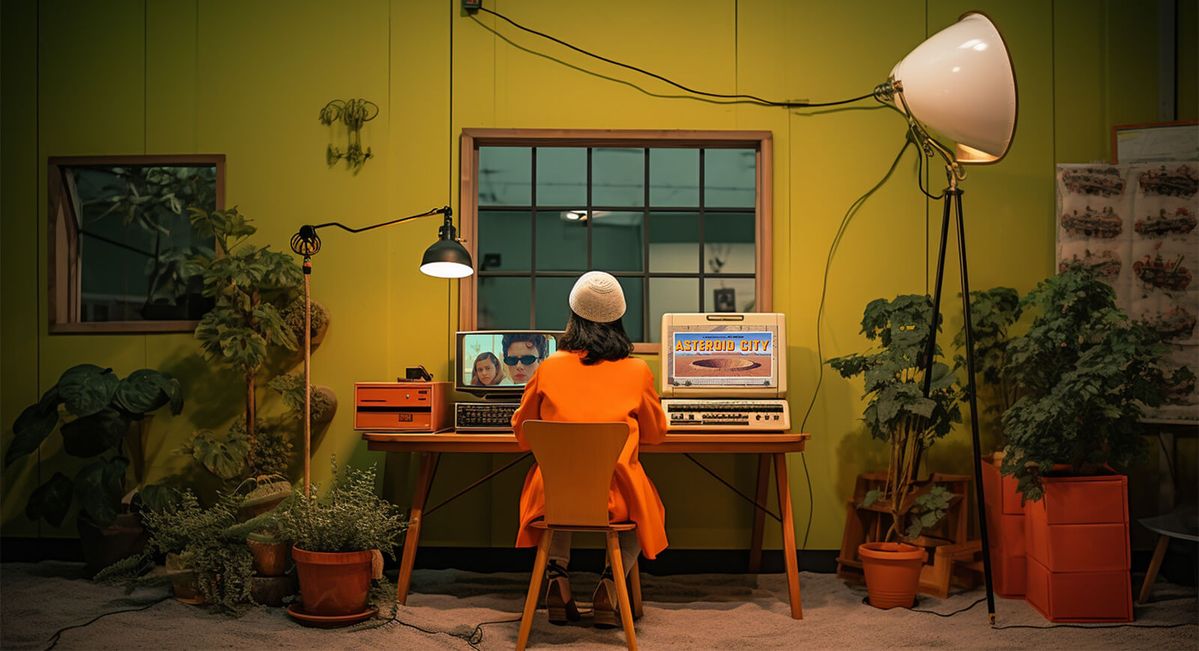 A person at a desk working at a vintage computer